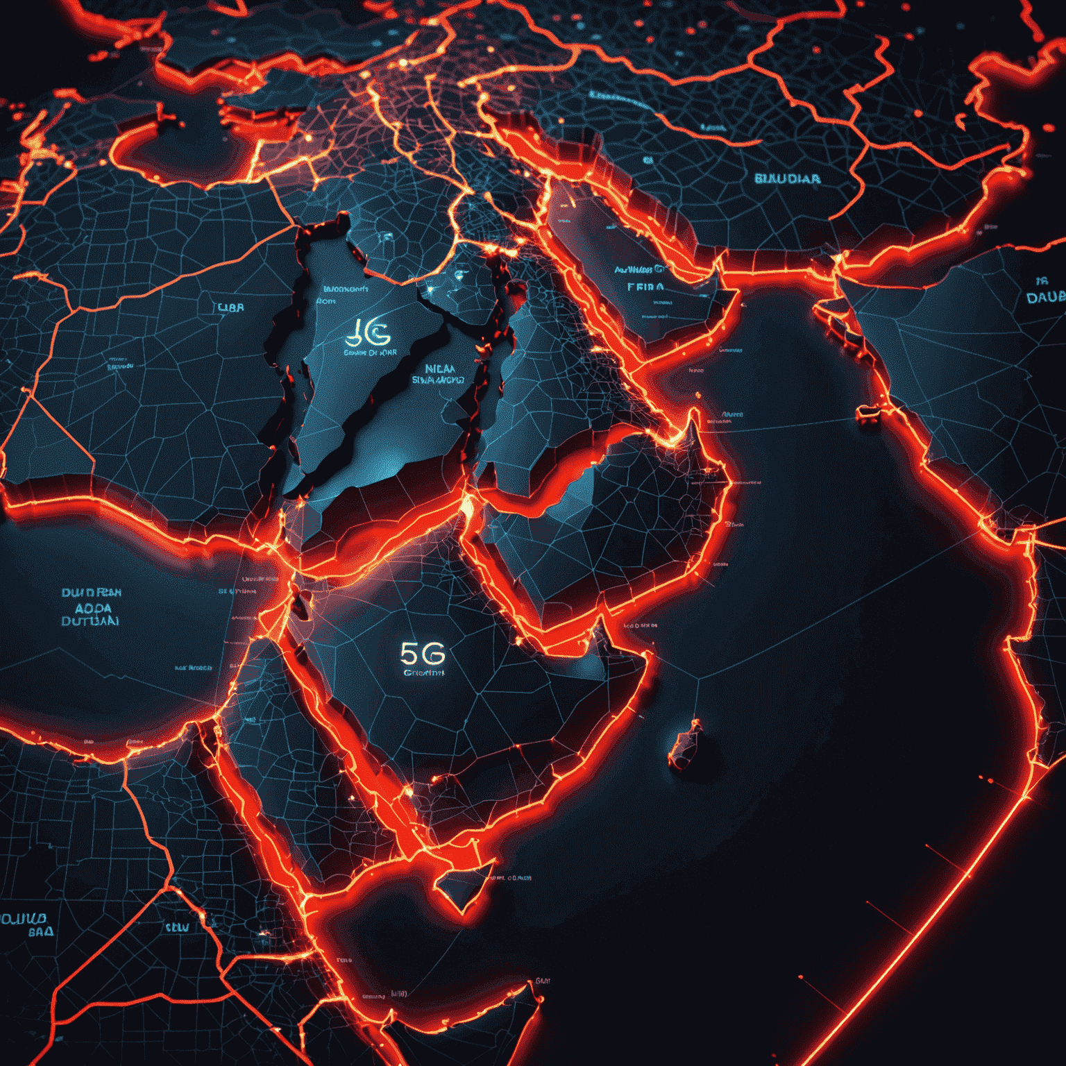 خريطة توضح تغطية شبكة الجيل الخامس في الإمارات العربية المتحدة، مع إبراز المدن الرئيسية مثل دبي وأبوظبي بألوان نيون حمراء مشعة