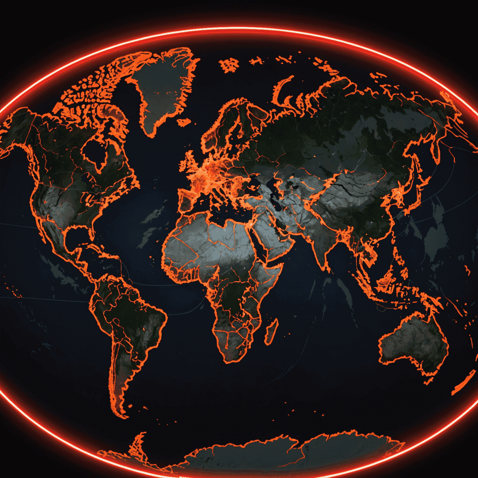 خريطة العالم تظهر تغطية خدمات التجوال الدولي، مع إضاءة نيون حمراء تشير إلى المناطق المغطاة
