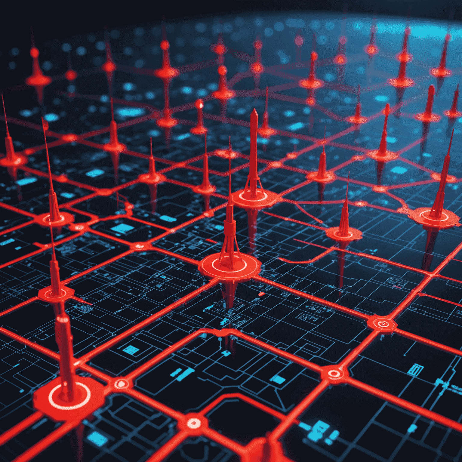 صورة لخريطة تغطية شبكة 5G مع رموز نيون حمراء تمثل أبراج الاتصال