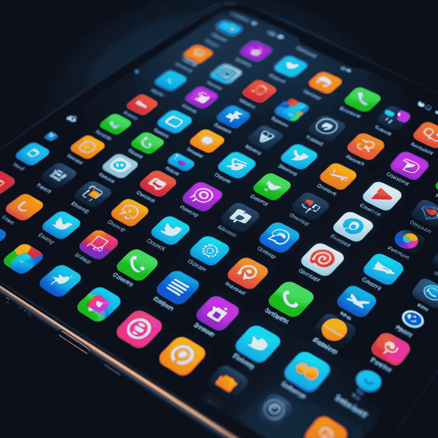 صورة لشاشة هاتف ذكي تعرض أيقونات متوهجة لتطبيقات شائعة بألوان نيون